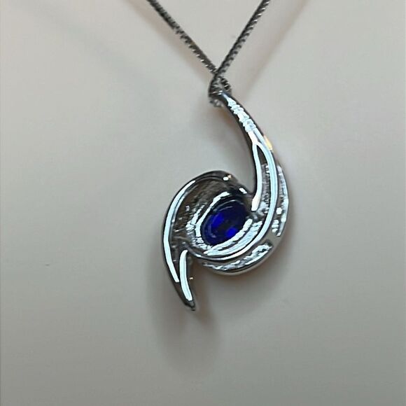 Lab Grown Blue and White Sapphire pendant Necklace in Sterling Silver 18” - Picture 5 of 9